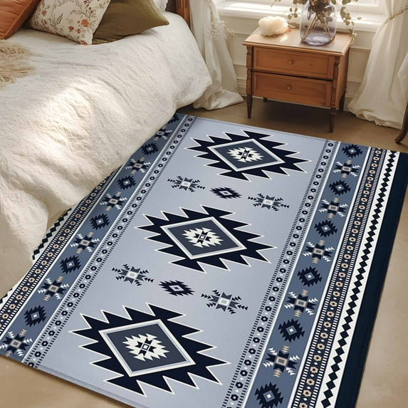 3x5 Area Rugs, Blue Aztec Non-Skid Rubber Backing Large Rectangle Rugs - Living Room Bedroom Home Office, Boho Southwest Farmhouse Ethnic Motifs Indoor Floor Mat Carpets Washable Rug