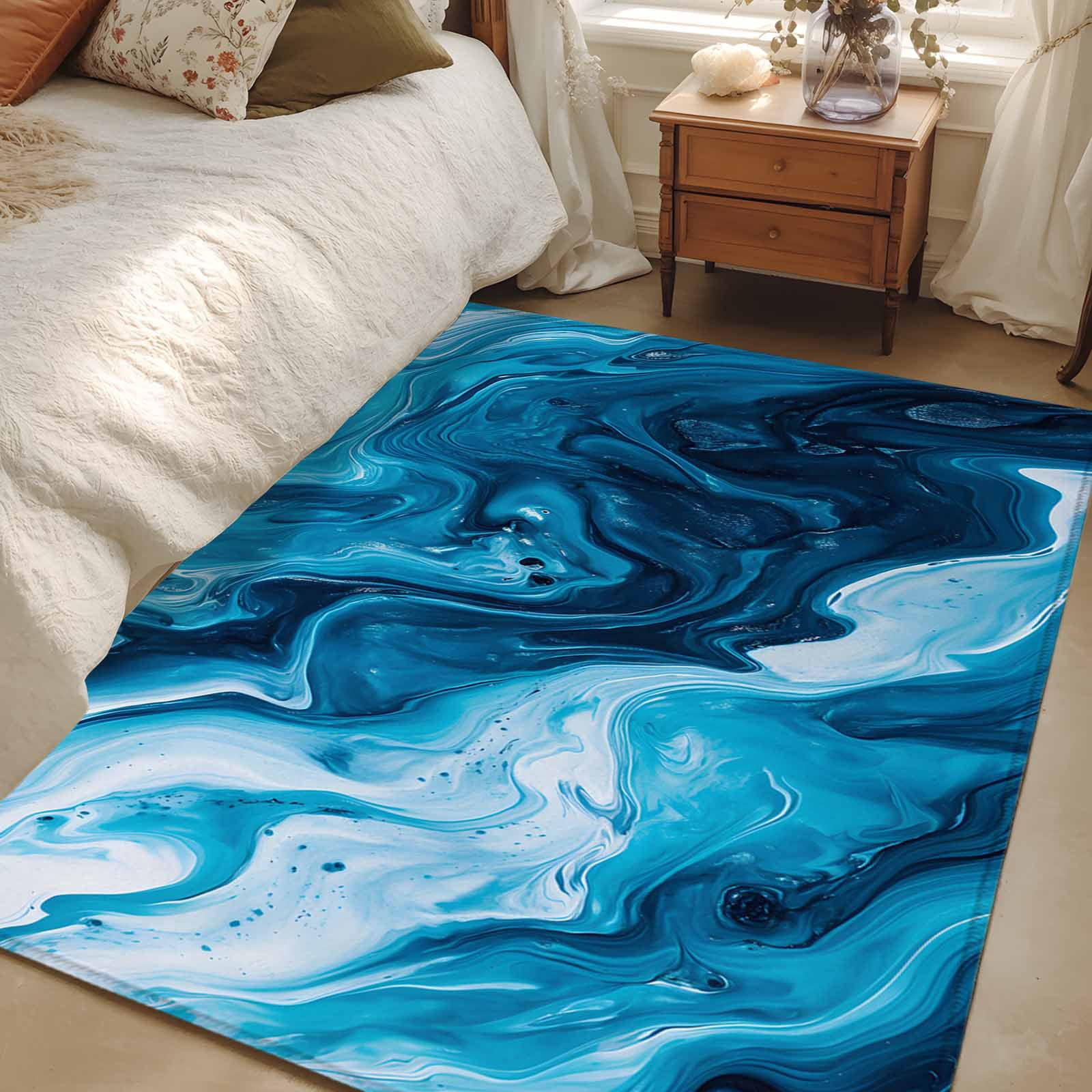 3x5 Area Rugs, Blue Marble Non-Skid Rubber Backing Large Rectangle Rugs ...