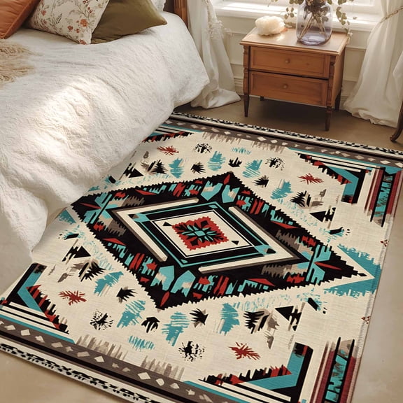 3x5 Area Rugs, Boho Red Teal Brown Non-Skid Rubber Backing Large Rectangle Rugs - Living Room Bedroom Home Office, Southwestern Retro Geometric Indoor Floor Mat Carpets Washable Rug