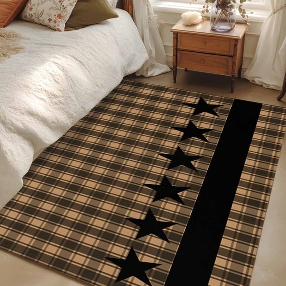 3x5 Area Rugs, Brown Black Plaid Non-Skid Rubber Backing Large Rectangle Rugs - Living Room Bedroom Home Office, Vintage Rustic Star Buffalo Check Indoor Floor Mat Carpets Washable Rug