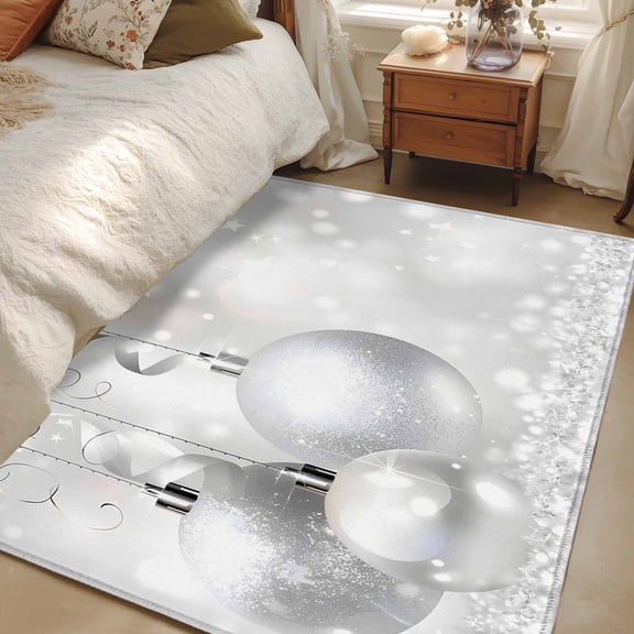 3x5 Area Rugs, Christmas Non-Skid Rubber Backing Large Rectangle Rugs - Living Room Bedroom Home Office, Xmas Silver Balls Glitter Sparkle Stars Indoor Floor Mat Carpets Washable Rug