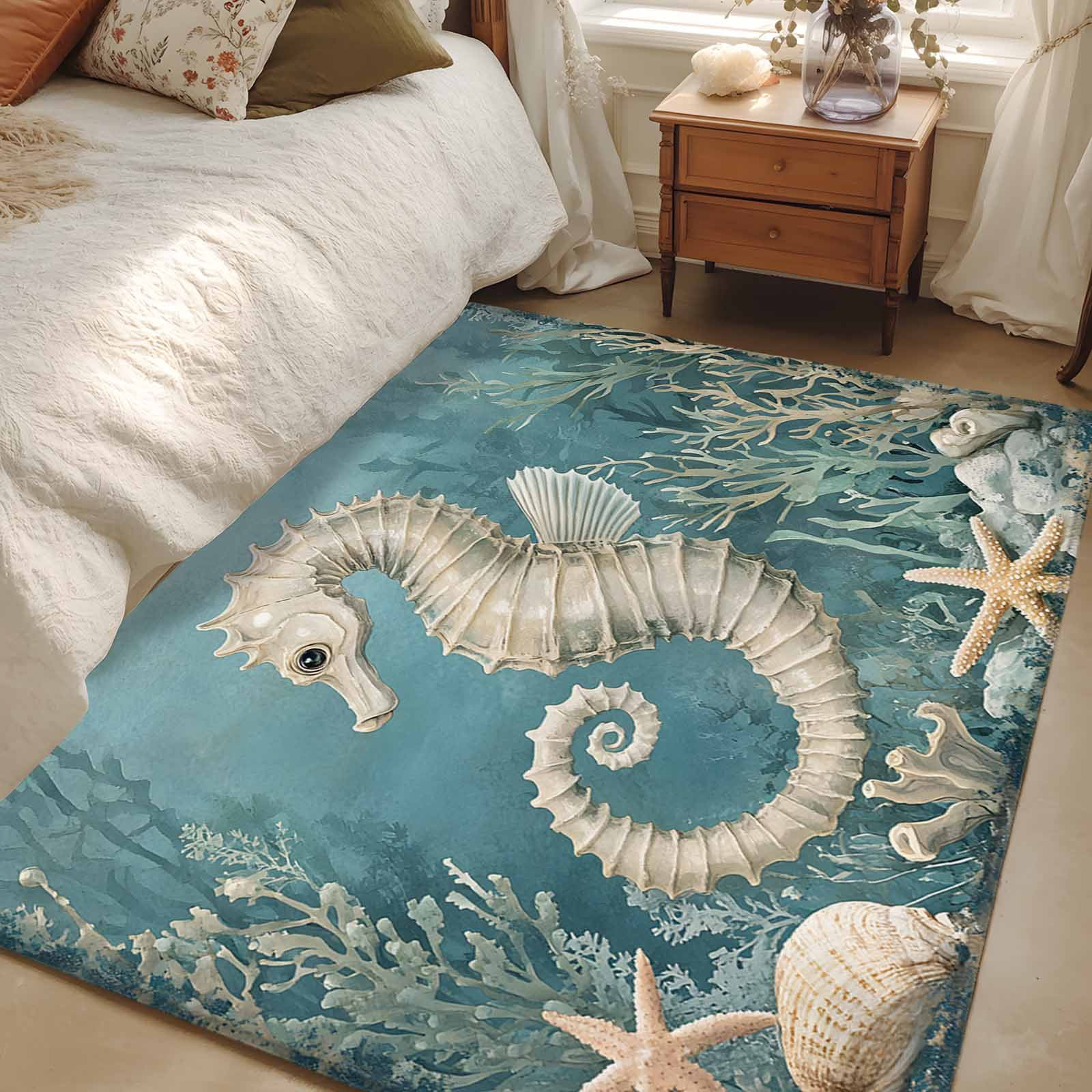 3x5 Area Rugs, Coastal Seahorse Blue Green Non-Skid Rubber Backing ...