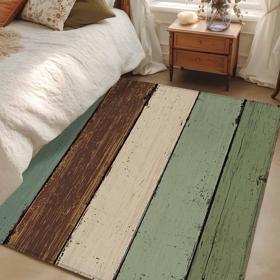 3x5 Area Rugs, Green Brown Non-Skid Rubber Backing Large Rectangle Rugs - Living Room Bedroom Home Office, Country Wood Grain Abstract Stripe Indoor Floor Mat Carpets Washable Rug
