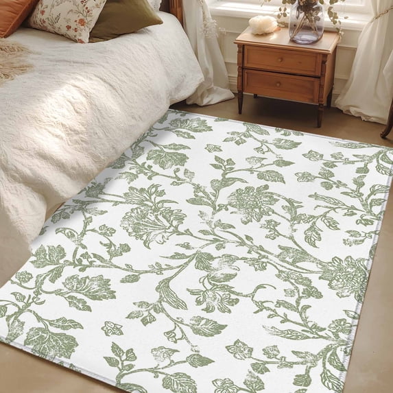 3x5 Area Rugs, Green Leaf Flower Non-Skid Rubber Backing Large Rectangle Rugs - Living Room Bedroom Home Office, Vintage Farmhouse Bohemian Spring Indoor Floor Mat Carpets Washable Rug