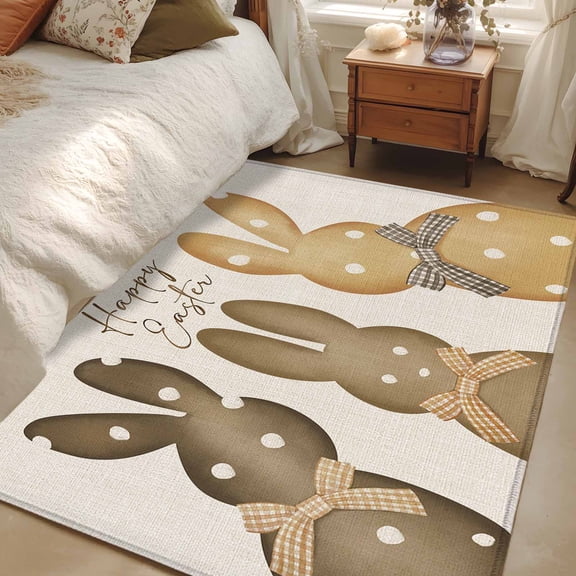 3x5 Area Rugs, Happy Easter Non-Skid Rubber Backing Large Rectangle Rugs - Living Room Bedroom Home Office, Polka Dot Bunny Spring Beige Burlap Indoor Floor Mat Carpets Washable Rug