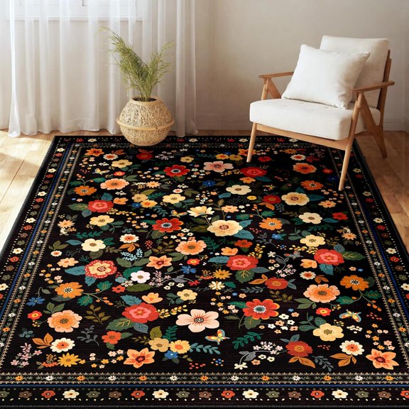 3x5 Area Rugs for Living Room Vacuum-Friendly Machine Washable Area Rug Flower Floral Printed Pattern Low Pile Non-Slip Carpet for Bedroom Hallway Entryway, Black