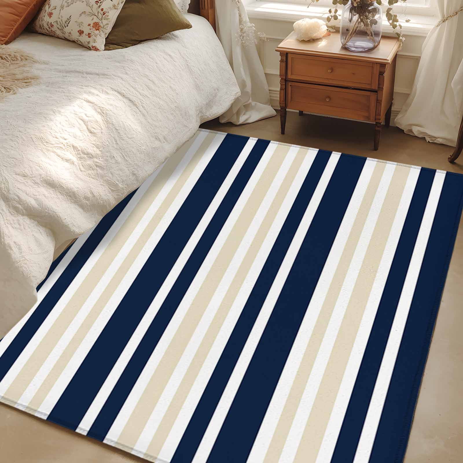 Long Horizontal Rug 3x5 Area Rugs, Navy Blue Khaki Striped Non-Skid Rubber Backing Large ...