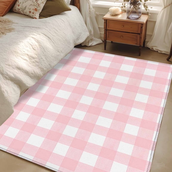 3x5 Area Rugs, Pink Buffalo Plaid Non-Skid Rubber Backing Large Rectangle Rugs - Living Room Bedroom Home Office, Farmhouse Pink White Checkered Indoor Floor Mat Carpets Washable Rug