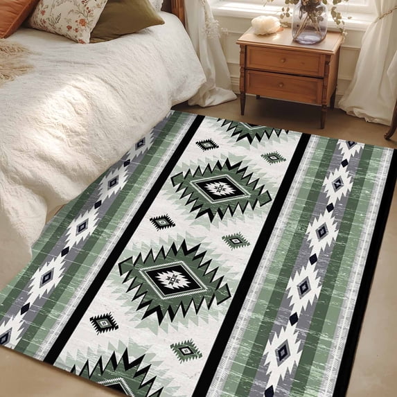 3x5 Area Rugs, Sage Green Boho Non-Skid Rubber Backing Large Rectangle Rugs - Living Room Bedroom Home Office, Southwestern Ethnic Aztec Retro Geometric Indoor Floor Mat Carpets Washable Rug