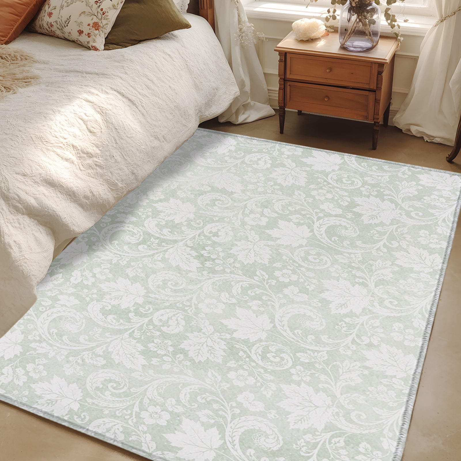 3x5 Area Rugs, Sage Green Florals Non-Skid Rubber Backing Large ...