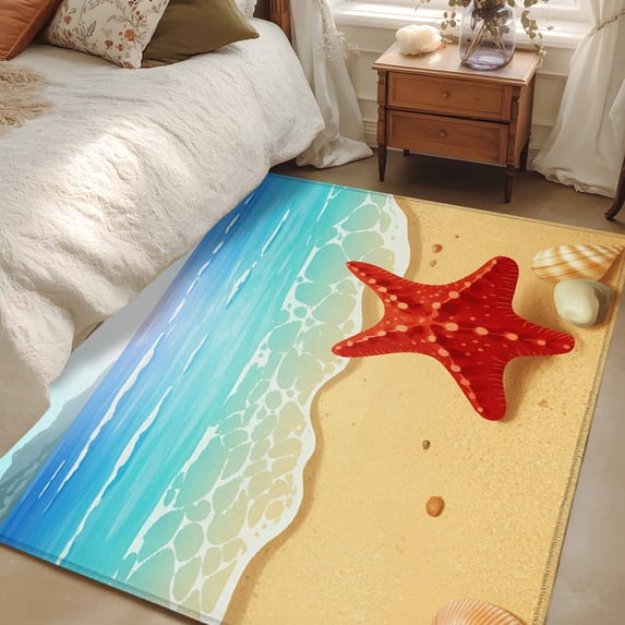 3x5 Area Rugs, Summer Beach Non-Skid Rubber Backing Large Rectangle Rugs - Living Room Bedroom Home Office, Coastal Red Starfish Conch Palm Seaside Indoor Floor Mat Carpets Washable Rug
