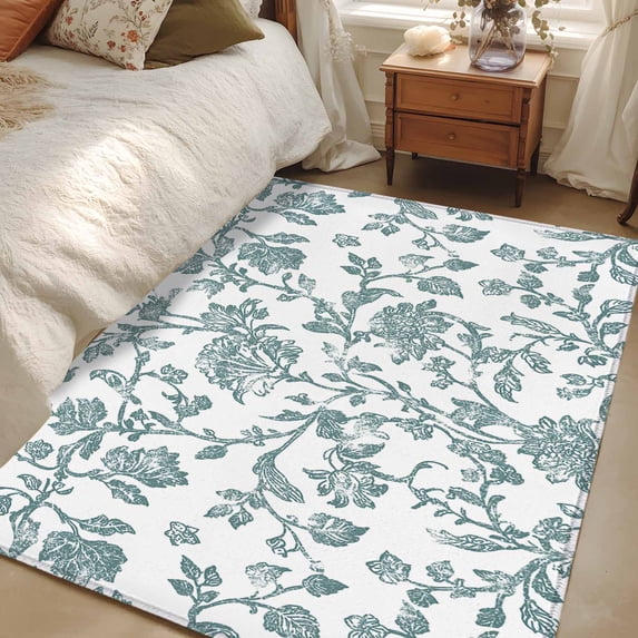 3x5 Area Rugs, Teal Blue Green Non-Skid Rubber Backing Large Rectangle Rugs - Living Room Bedroom Home Office, Vintage Farmhouse Boho Flower Leaf Indoor Floor Mat Carpets Washable Rug