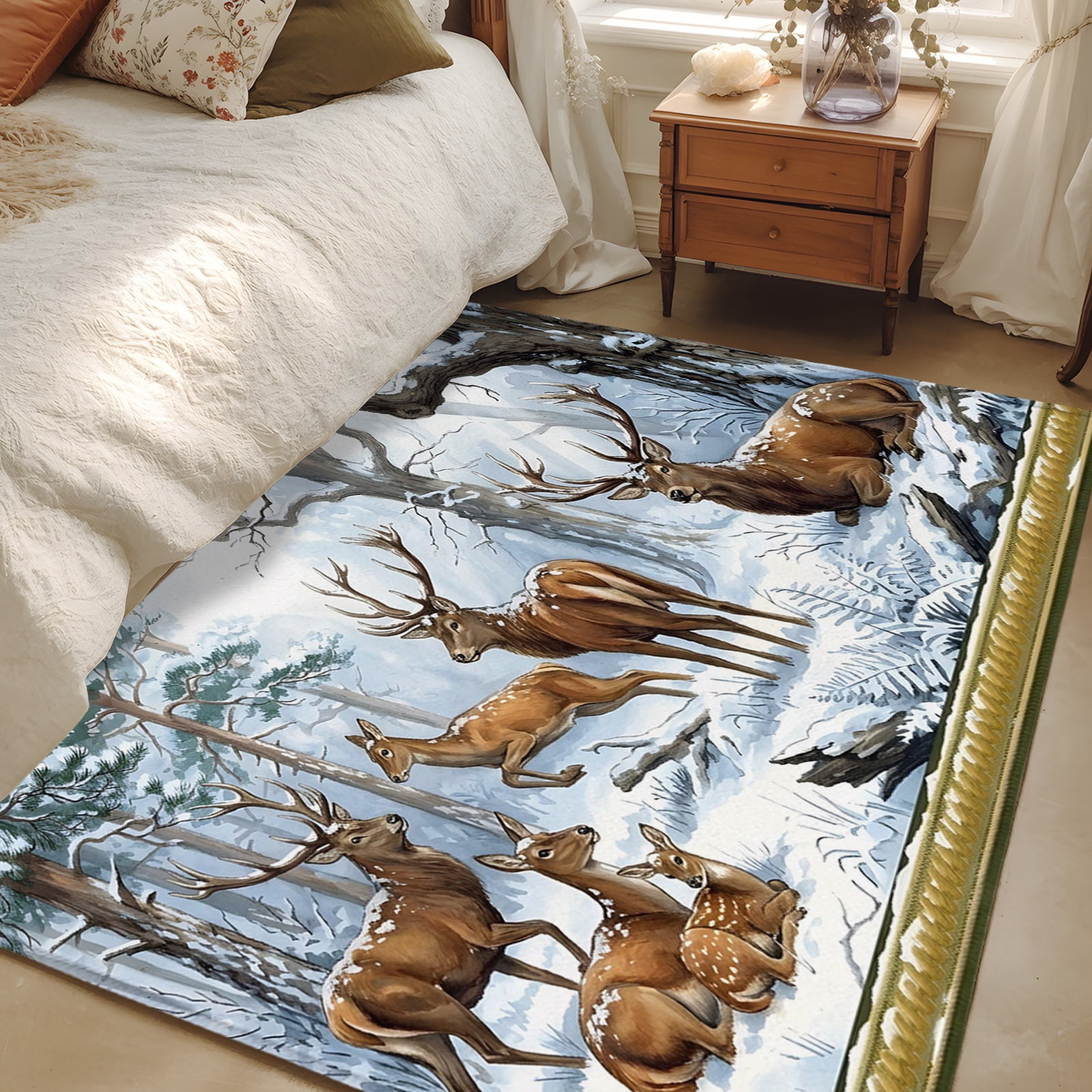 3x5 Area Rugs, Vintage Elk Forest Non-Skid Rubber Backing Large ...