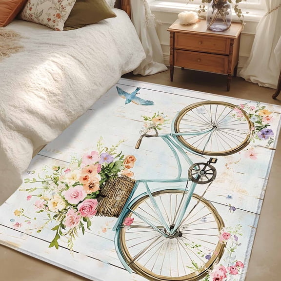 3x5 Area Rugs, Vintage Floral Bicycle Non-Skid Rubber Backing Large Rectangle Rugs - Living Room Bedroom Home Office, Spring Farmhouse Bird Wood Indoor Floor Mat Carpets Washable Rug