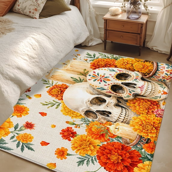 Rustic Wool Rugs 3x5 Area Rugs, Yellow Floral Skull Non-Skid Rubber Backing Large ...