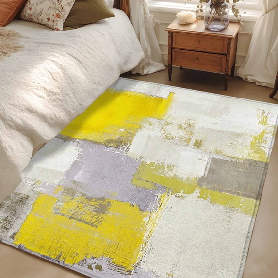 3x5 Area Rugs, Yellow Non-Skid Rubber Backing Large Rectangle Rugs - Living Room Bedroom Home Office, Modern Geometric Grey Oil Painting Abstract Indoor Floor Mat Carpets Washable Rug