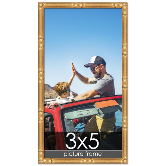 3x5 Gold Thin Bamboo Picture Frame - UV Acrylic, Foam Board Backing, Hanging Hardware