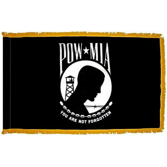 3x5' DURAWAVEZ POW-MIA NYLON FLAG SINGLE/REVERSE IMAGE FINISHED WITH POLESLEEVE AND GOLD FRINGE