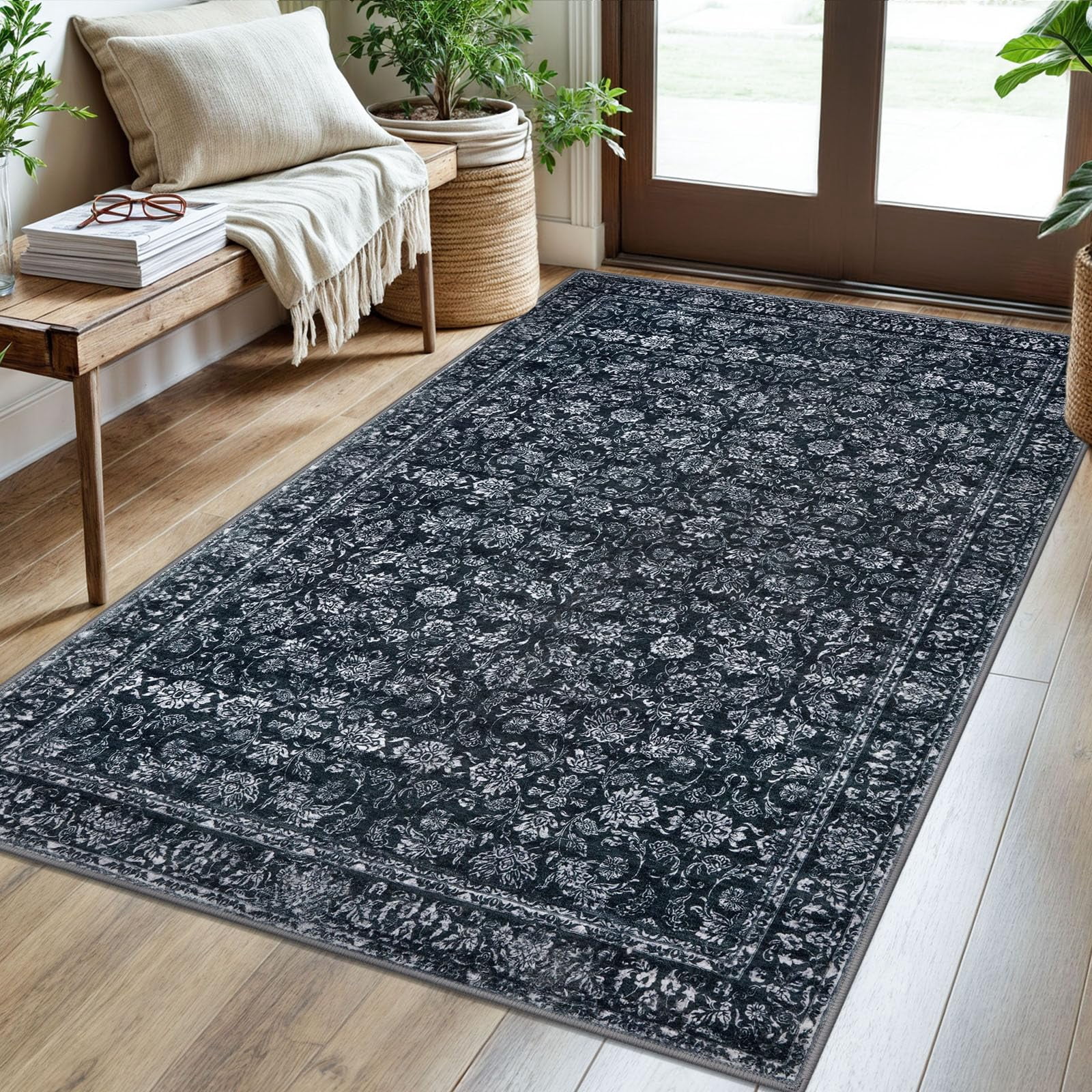 3x5 Entryway Area Rug Black Washable Soft Distressed Floral Rugs Non ...