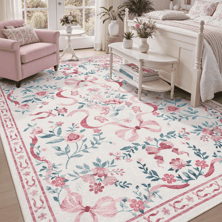 3x5 Entryway Rug, Machine Washable with Non Slip Backing Vintage Floral Bow Rug Soft Low Pile, Stain Resistant for Entryway, Kitchen, Bathroom-Pink