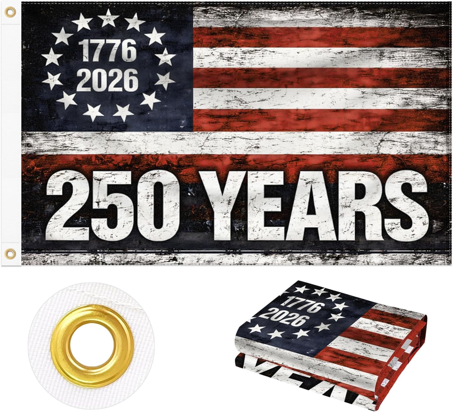 3x5 FT 250 Years Double Sided American Flag, 1776–2026 USA Flag for 250th Anniversary Birthday, Vintage Stars Patriotic Outdoor Indoor Flag for Home Yard Porch Wall Independence Day Decorations