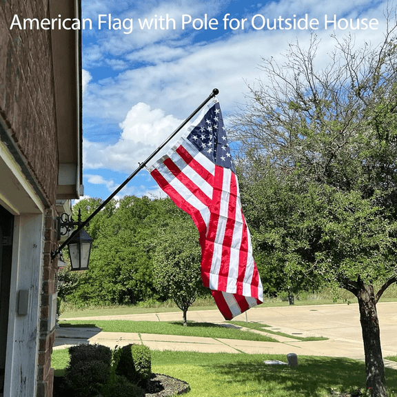 3x5 FT with 5FT Adjustable Flagpole Kit-360 Rotating Black Metal Pole, Aluminum Wall Bracket (45/90 Angles) & Embroidered Stars Nylon Flag for House Apartment Building Outdoor Display