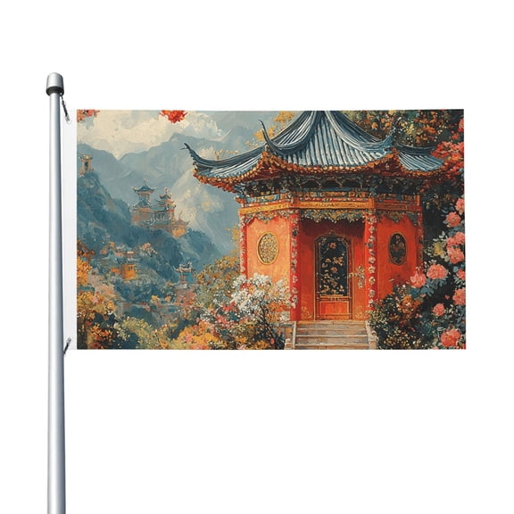 3x5 FT Flag, Double-Sided Print Decorative Banner with 2 Metal Grommets for Indoor Outdoor, Chinoiserie Temple Chinese