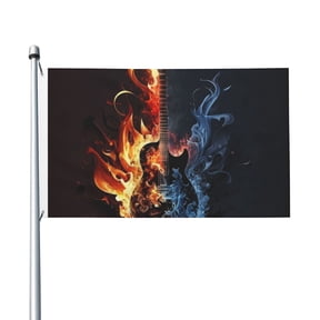 3x5 FT Flag, Double-Sided Print Decorative Banner with 2 Metal Grommets for Indoor Outdoor, Flaming Burning Guitar Red Blue Fire