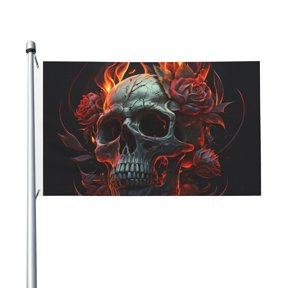 3x5 FT Flag, Double-Sided Print Decorative Banner with 2 Metal Grommets for Indoor Outdoor, Ghost Fire Skull Burning Roses