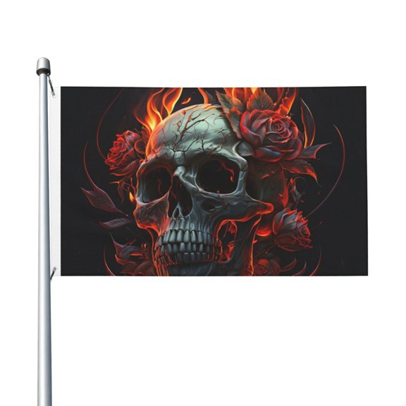 3x5 FT Flag, Double-Sided Print Decorative Banner with 2 Metal Grommets for Indoor Outdoor, Ghost Fire Skull Burning Roses