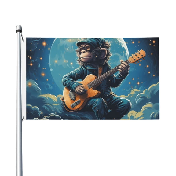 3x5 FT Flag, Double-Sided Print Decorative Banner with 2 Metal Grommets for Indoor Outdoor, Monkey Playing Guitar Starry