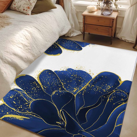 3x5 Floral Abstract Area Rug for Bedroom, Washable Non Slip Low Pile Soft Indoor Rug for Living Room Entryway Kitchen, Blue Flower Small Space Rug