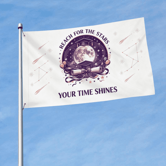 3x5 Ft 3Ply Double Sided Graduation Flag, "Reach For The Stars Your Time Shines" Purple Cosmic Moon Constellation Meteor Design UV Fade Resistant with Metal Grommets for Lawn, Outdoor Party & Ceremon