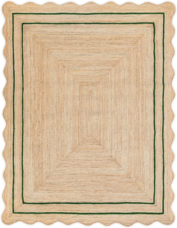 3x5 Ft Green Border Premium Scalloped Jute Rug, Handcrafted Natural ...