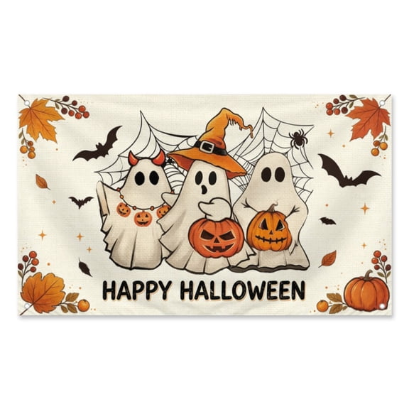 3x5 Ft Happy Halloween Ghost Banner, Cute Witch Devil Ghost Pumpkin Bat Spider Yard Flag Retro Fall Front Porch Fence Outdoor Home Decor
