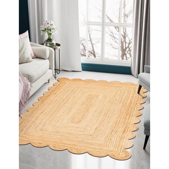 3x5 Ft Natural Jute Premium Scalloped Jute Rug – Handcrafted Natural Braided Carpet for Living Room, Bedroom, Entryway – Boho Home Decor
