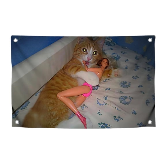3x5 Ft Single Sided Polyester Flag with 4 Brass Grommets - Funny Cat and Doll Meme Poster for Dorm Room Decor - Indoor Outdoor Wall Banner
