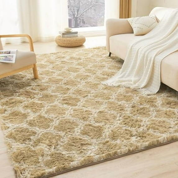3x5 Geometric Shag Area Rug for Bedroom Camel and White High Pile