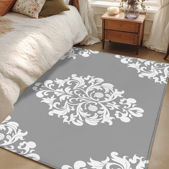 3x5 Gray Flower Area Rug for Bedroom, Washable Non Slip Low Pile Soft Indoor Rug for Living Room Entryway Kitchen, Classical Luxury Abstract Art Small Space Rug