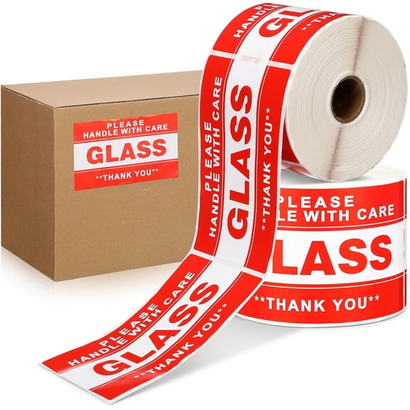 3x5 Inch 500 Pcs Handle with Care Thank You Glass Stickers Fragile Glass Labels Warning Shipping Stickers Rectangle Adhesive Label, Red, 1 Roll