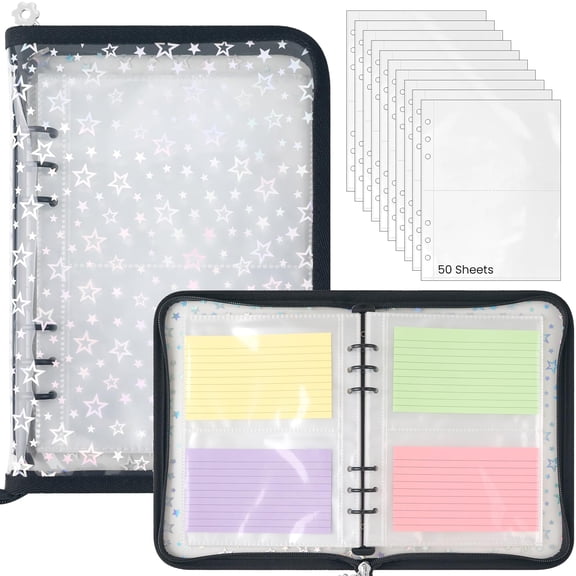 3x5 Index Card Binder, Portable Organizer Book with Zipper, 50 Sheets Plastic Sleeves for Index,Clear Booklet Holder Flashcard Binders Organizers Note Flash Card Stores Up to 200 Cards