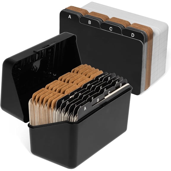 3x5 Index Card Holder Set | 100 Ruled Index Cards 3x5, 24 Black Alphabet Tab Dividers, 24 Blank Customizable Kraft Dividers