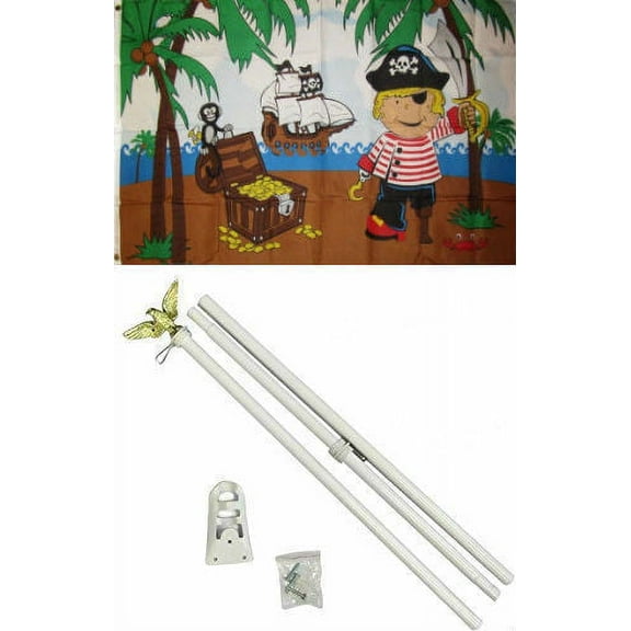 3x5 Jolly Roger Pirate Kid Boy Treasure Island Flag White Pole Kit Set 3'x5'