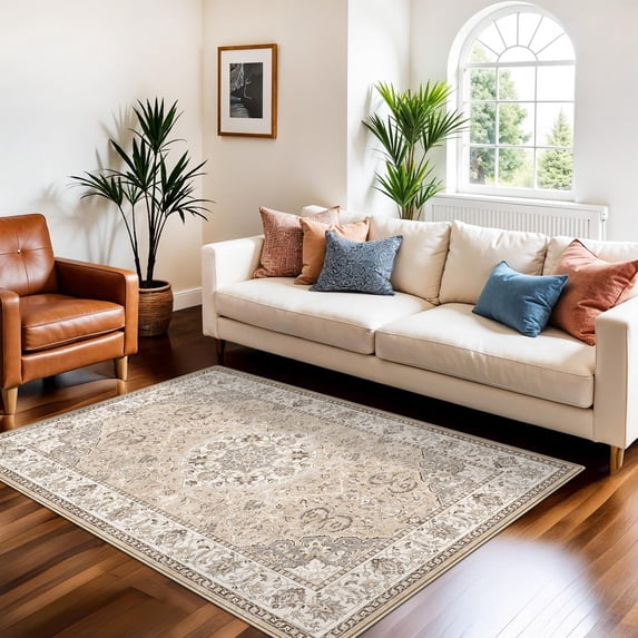 3x5 Living Room Area Rugs: Vintage Washable Non-slip Rug For Bedroom Dining Soft Carpet Kitchen Home Office Durable & Easy-clean Design Homes With Cats Dogs(3x5 Beige)
