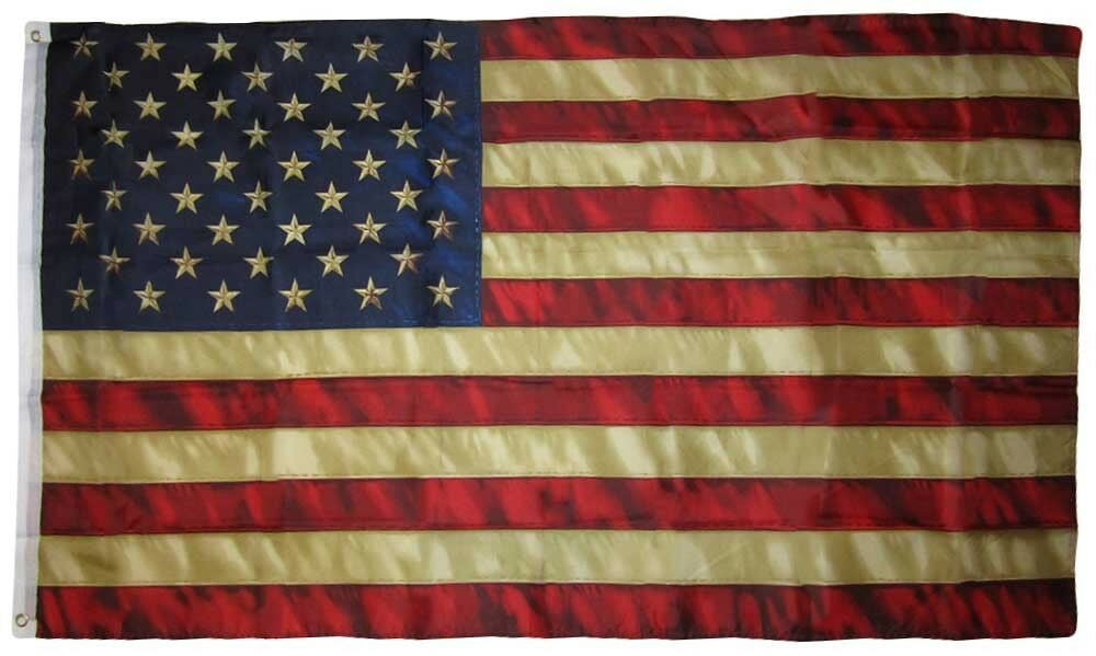 Vintage Tea Stained American Flag with Embroidered Stars