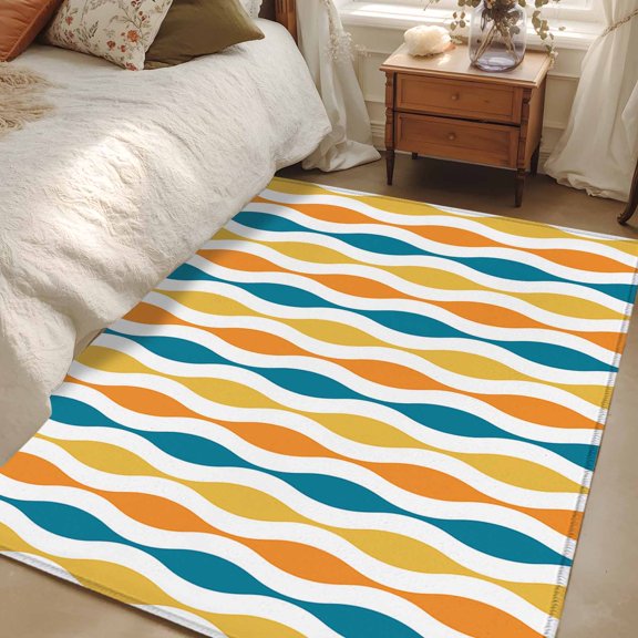 3x5 Mid Century Abstract Art Area Rug for Bedroom, Washable Non Slip Low Pile Soft Indoor Rug for Living Room Entryway Kitchen, Geometric Turquoise Yellow Small Space Rug