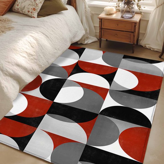 3x5 Mid Century Geometric Area Rug for Bedroom, Washable Non Slip Low Pile Soft Indoor Rug for Living Room Entryway Kitchen, Abstract Modern Red Small Space Rug