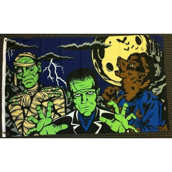 3x5 Monster Fright Night Halloween Flag Frankenstein Mummy Werewolf Full Moon