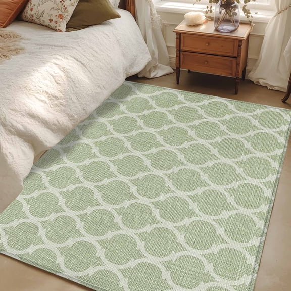 3x5 Moroccan Texture Area Rug for Bedroom, Washable Non Slip Low Pile Soft Indoor Rug for Living Room Entryway Kitchen, Vintage Green Linen Small Space Rug