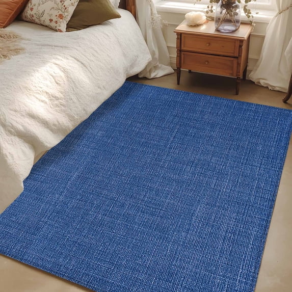 3x5 Navy Blue Linen Texture Area Rug for Bedroom, Washable Non Slip Low ...